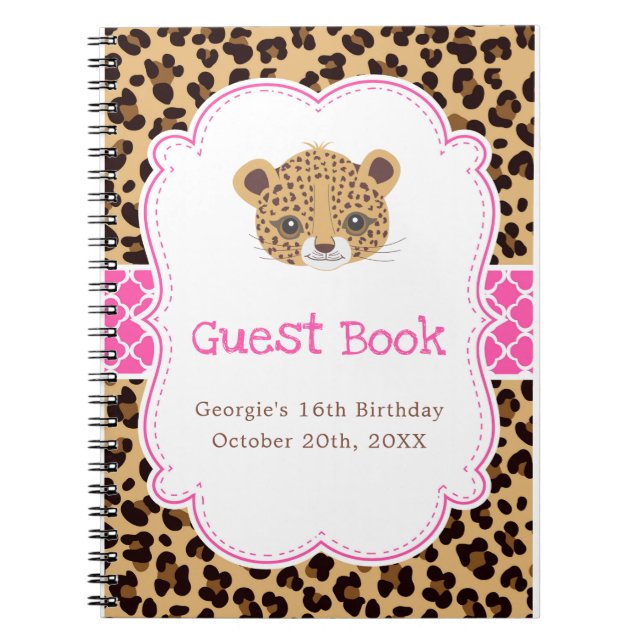 Leopard Print Pink Quatrefoil Birthday Guest Book (Front)