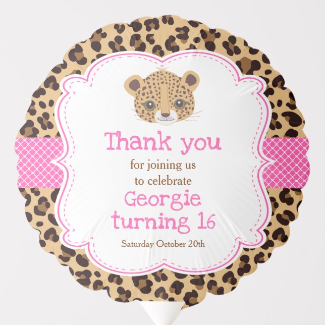 Leopard Print Pink Quatrefoil Birthday Party Balloon (Front)