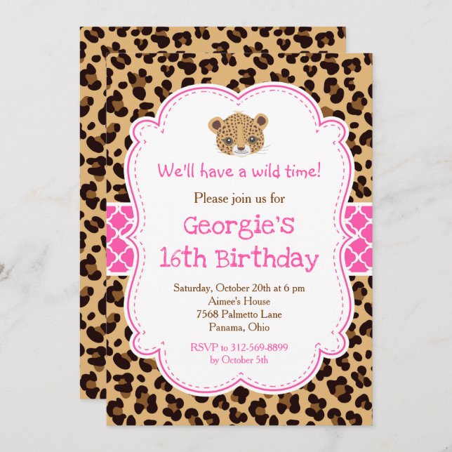 Leopard Print Pink Quatrefoil Birthday Party Invitation (Front/Back)