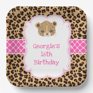 Leopard Print Pink Quatrefoil Birthday Party Paper Plates