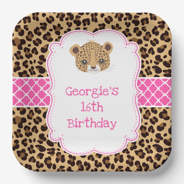 Leopard Print Pink Quatrefoil Birthday Party Paper Plates (Front)