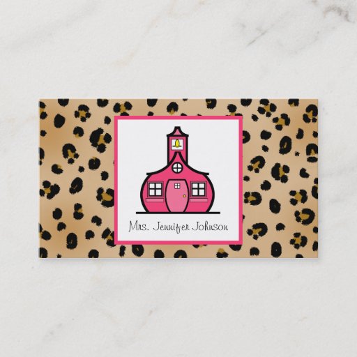 Customizable Leopard Print Pink Schoolhouse Teacher Business Card Template