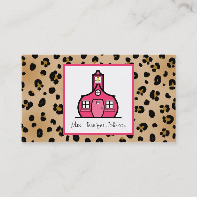 Leopard Print Pink Schoolhouse Teacher Business Card (Front)