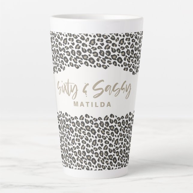 Leopard print pink sixty and sassy 60th birthday latte mug (Front)