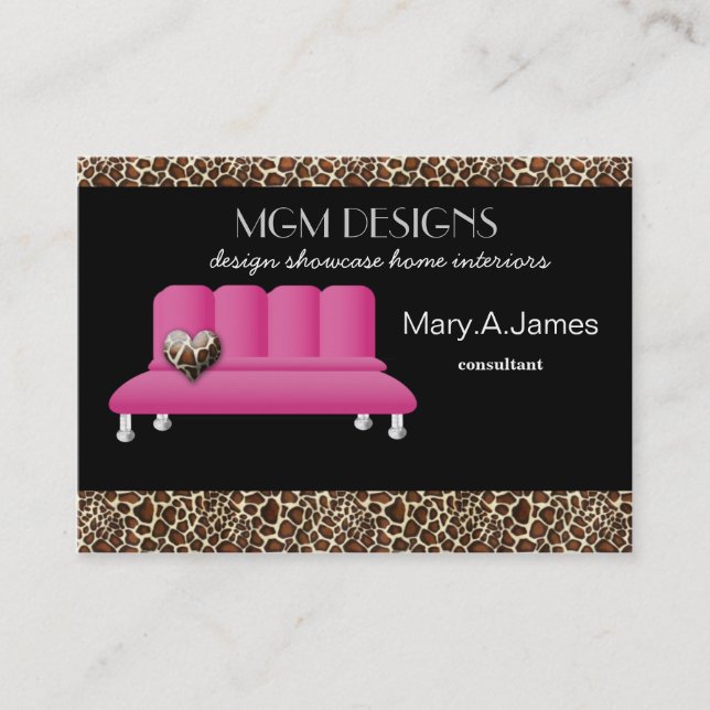 leopard print pink sofa trendy interior decorator business card (Front)