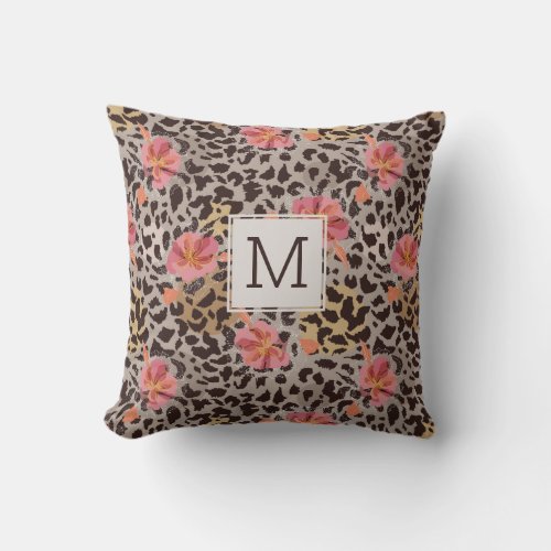 Leopard Print Pretty Tropical Flower Monogram Outdoor Pillow