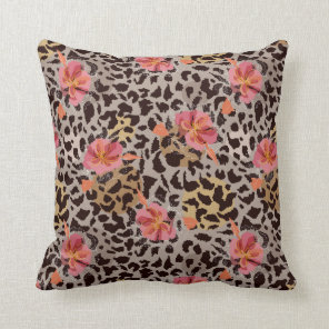 Leopard Print Pretty Tropical Flower Throw Pillow