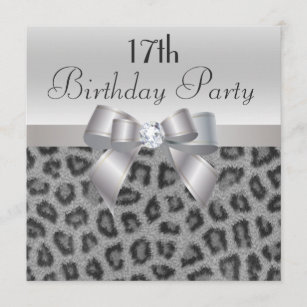 Leopard Print, Printed Bow & Diamond 17th Birthday Invitation