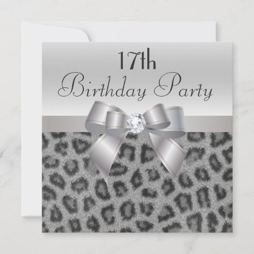 Leopard Print Printed Bow  Diamond 17th Birthday Invitation