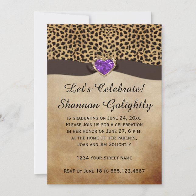 Leopard Print Purple Heart Bling Graduation Party Invitation (Front)