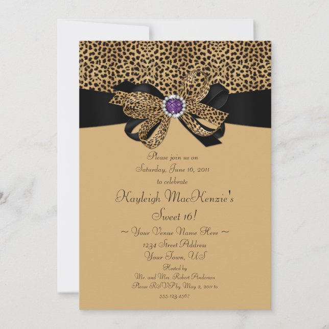 Leopard Print Purple Jewels Diamonds Sweet 16 Invi Invitation (Front)