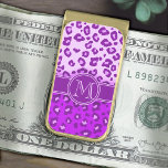 Leopard print purple monogram clip gold finish money clip<br><div class="desc">Bright animal print initial monogram clip in purple hues. Customize with your initial. Example reads M. Smart,  stylish and unique great for business or everyday use or for gifting money. Designed by Sarah Trett for www.mylittleeden.com</div>