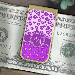 Leopard print purple monogram clip gold finish money clip