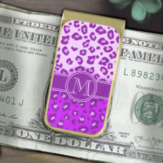 Leopard Print Purple Monogram Clip Gold Finish Money Clip at Zazzle