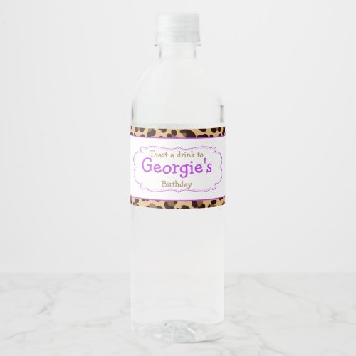 Leopard Print Purple Quatre foil Birthday Party Water Bottle Label