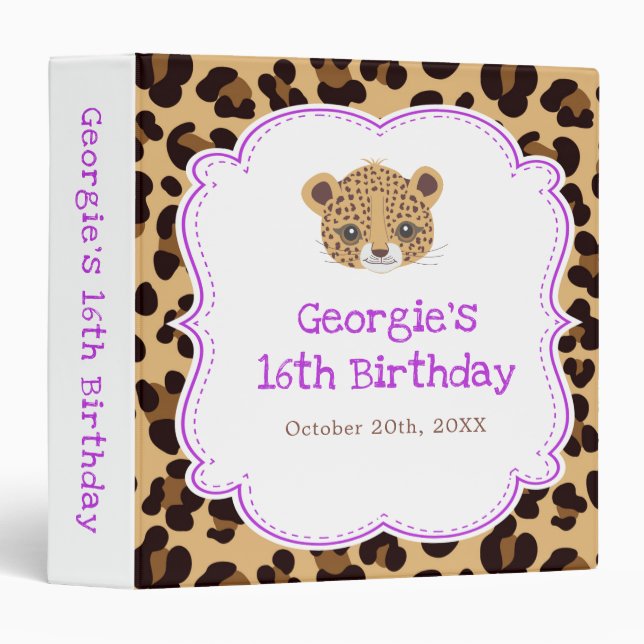 Leopard Print Purple Quatrefoil Birthday Party  3 Ring Binder (Front/Spine)