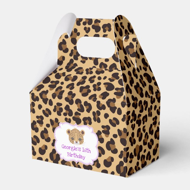 Leopard Print Purple Quatrefoil Birthday Party Favor Boxes (Front Side)