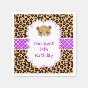 Leopard Print Purple Quatrefoil Birthday Party Napkins