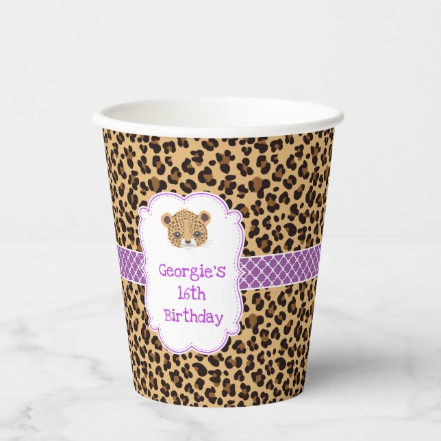Leopard Print Purple Quatrefoil Birthday Party Paper Cups (Front)
