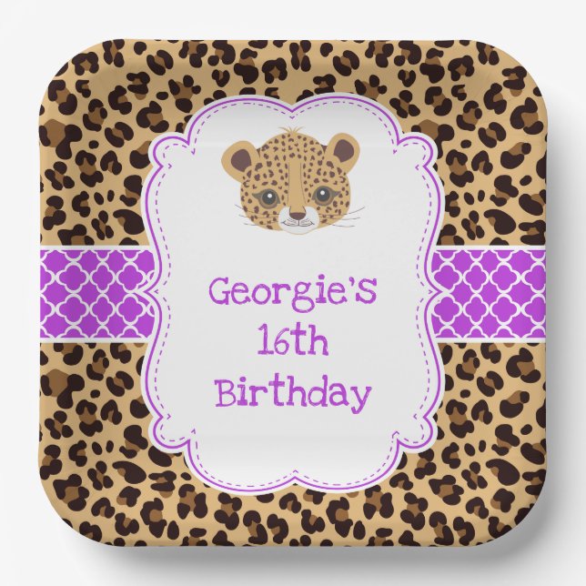 Leopard Print Purple Quatrefoil Birthday Party Paper Plates (Front)