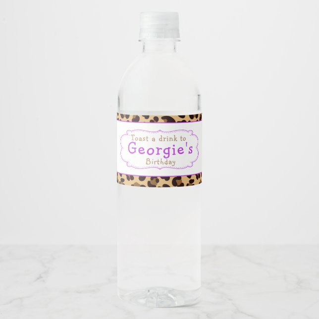 Leopard Print Purple Quatrefoil Birthday Party Water Bottle Label (Front)