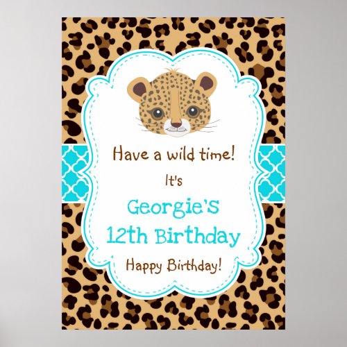 Leopard Print Quatre foil Birthday Poster Blue