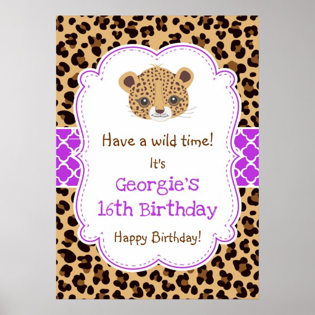 Leopard Print Quatrefoil Birthday Poster Purple (Front)