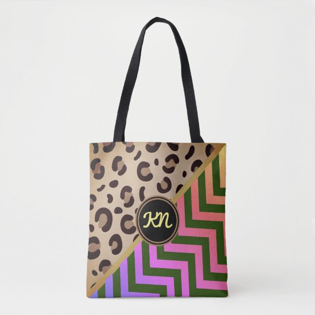 Leopard Print Rainbow Chevron Monogram  Two-Tone  Tote Bag (Front)