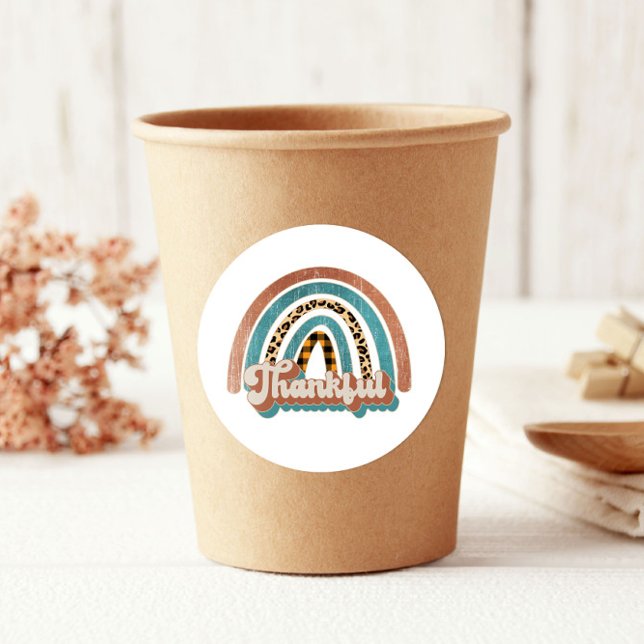 Leopard Print Rainbow Thankful Thanksgiving Classic Round Sticker (Creator Uploaded)