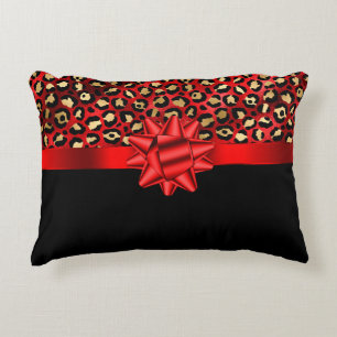 Leopard Print Red, Gold and Black with Red Bow Accent Pillow