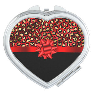 Leopard Print Red, Gold and Black with Red Bow Compact Mirror