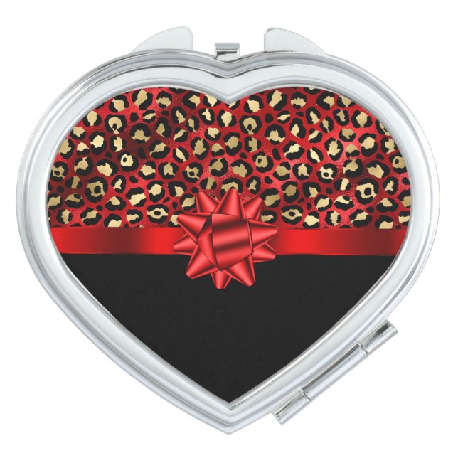 Leopard Print Red, Gold and Black with Red Bow Compact Mirror (Front)