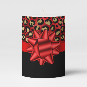 Leopard Print Red, Gold and Black with Red Bow Pillar Candle