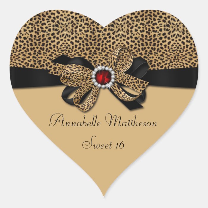 Leopard Print Red Jewel Diamonds Sweet 16 Heart St Heart Sticker