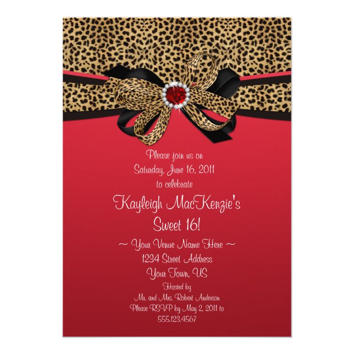 Leopard Print Red Jewels Diamonds Sweet 16 Custom Announcement