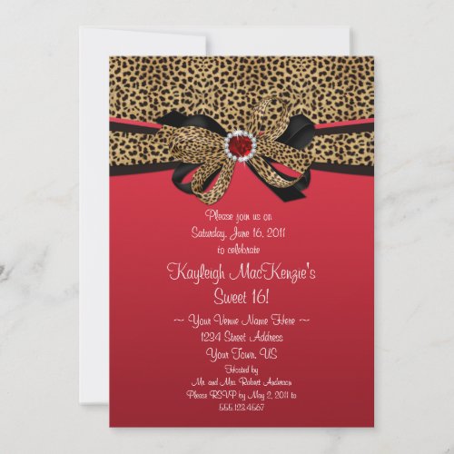 Leopard Print Red Jewels Diamonds Sweet 16 Custom Announcement
