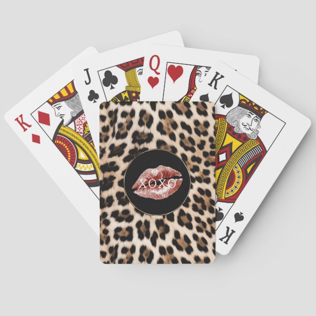 Leopard Print Red Lips XOXO Poker Cards (Back)