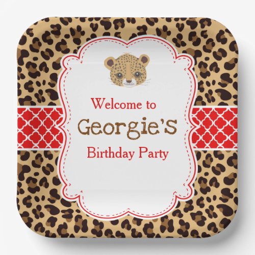 Leopard Print Red Qua trefoil Birthday Party Paper Plates