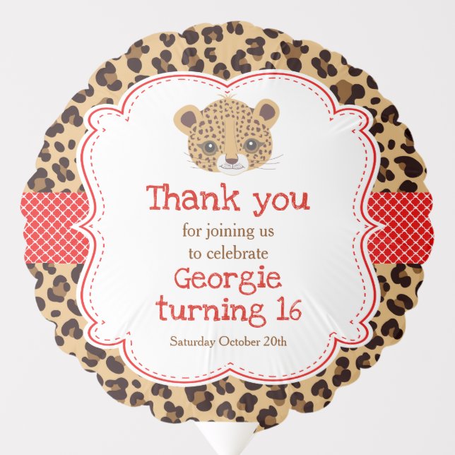 Leopard Print Red Quatrefoil Birthday Party Balloon (Front)