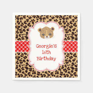 Leopard Print Red Quatrefoil Birthday Party Napkins