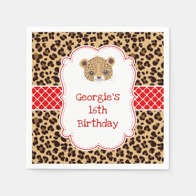 Leopard Print Red Quatrefoil Birthday Party Napkins (Front)