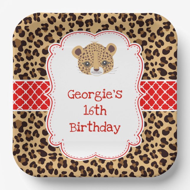Leopard Print Red Quatrefoil Birthday Party Paper Plates (Front)