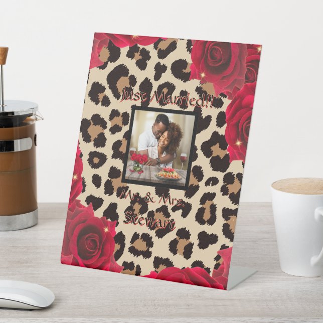 Leopard Print Red Rose Mr. and Mrs. Text Photo  Pedestal Sign (In SItu)