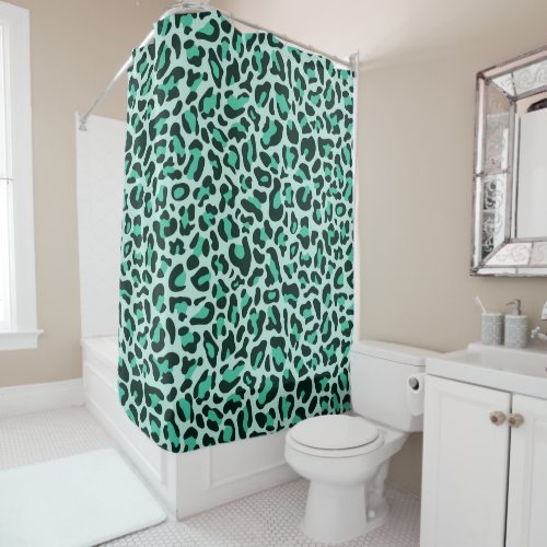 Leopard Print Retro Teal Blue Bath Shower Curtain