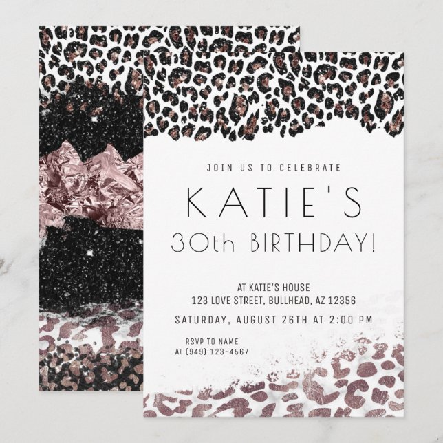 Leopard Print Rose Gold Any Age Birthday Invitation (Front/Back)
