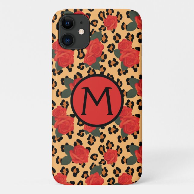 Leopard Print & Roses Tattoo Monogram iPhone Case (Back)