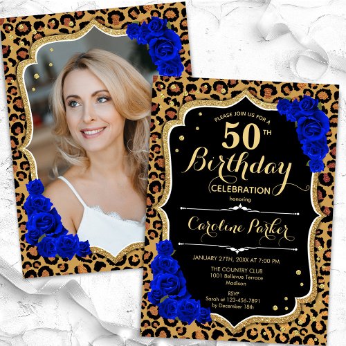 Leopard Print Royal Blue Photo 50th Birthday Invitation