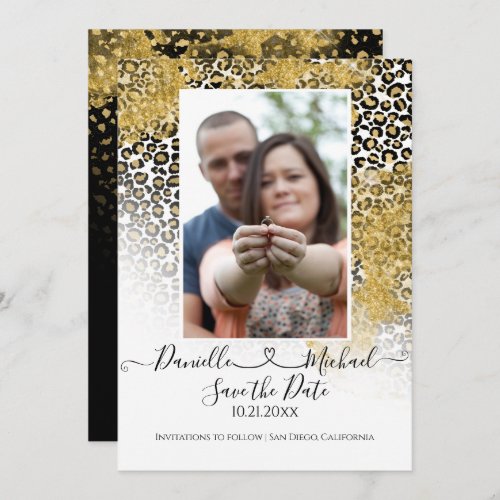 Leopard Print Script Heart Gold Glitter Save The Date