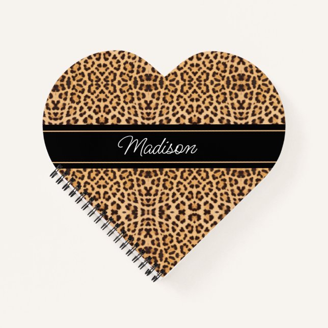 Leopard Print Script Monogram Name Heart Shaped Notebook (Front)