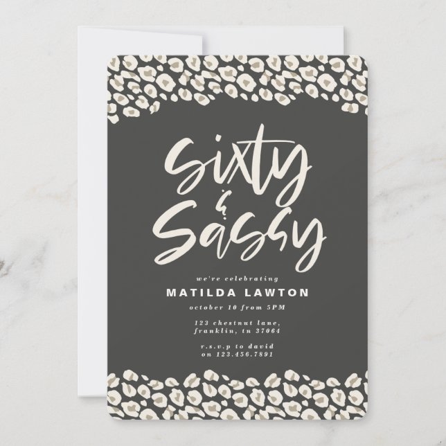 Leopard print sixty and sassy 60th birthday party announcement (Front)